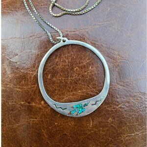 Peyote Bird Turquoise & Coral Chip Inlay Sterling Silver Necklace Hoop Pendant